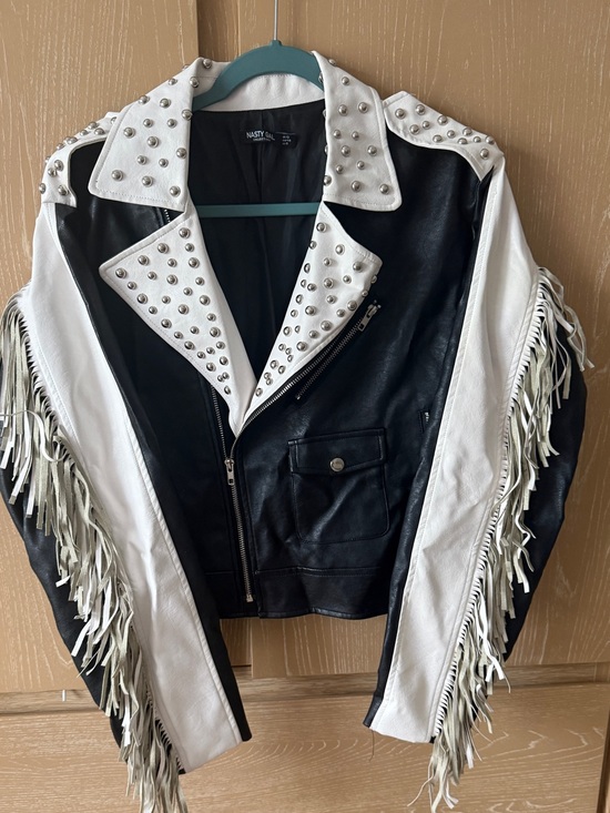 Nasty Gal Jackets & Blazers - Nasty Gal Black & White Studded Fringe Moto Jacket